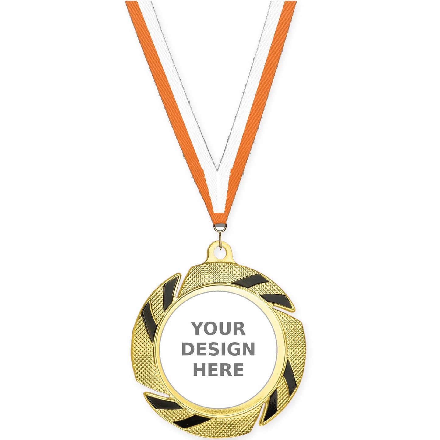 2 3/4 inch Two-Tone Swoosh insert medal in gold/black with Orange White neck ribbon