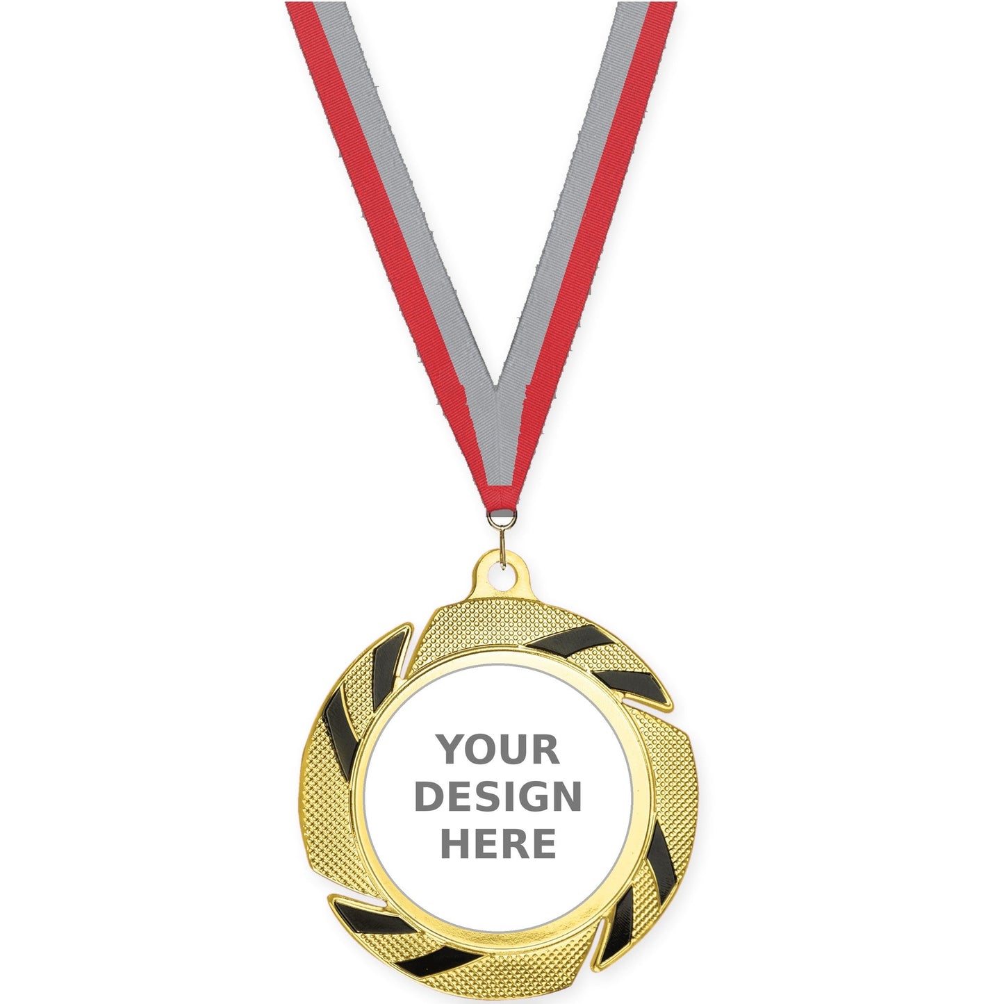 2 3/4 inch Two-Tone Swoosh insert medal in gold/black with Red Gray neck ribbon