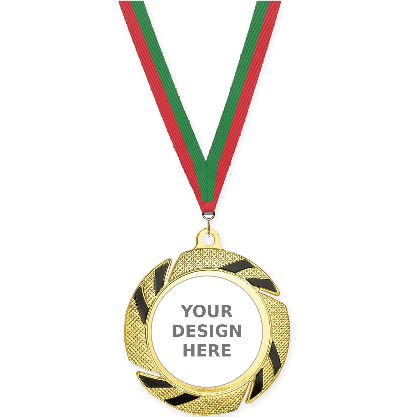 2 3/4 inch Two-Tone Swoosh insert medal in gold/black with Red Green neck ribbon