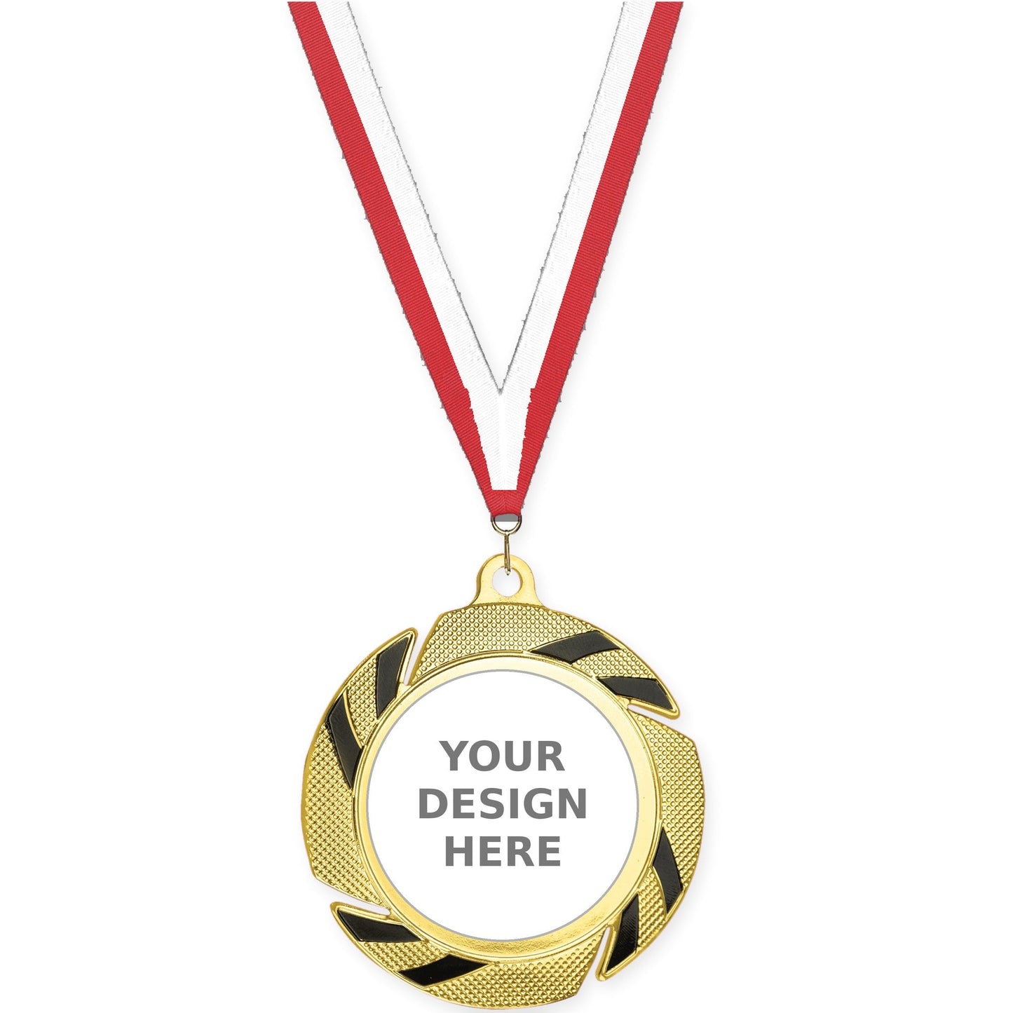2 3/4 inch Two-Tone Swoosh insert medal in gold/black with Red White neck ribbon