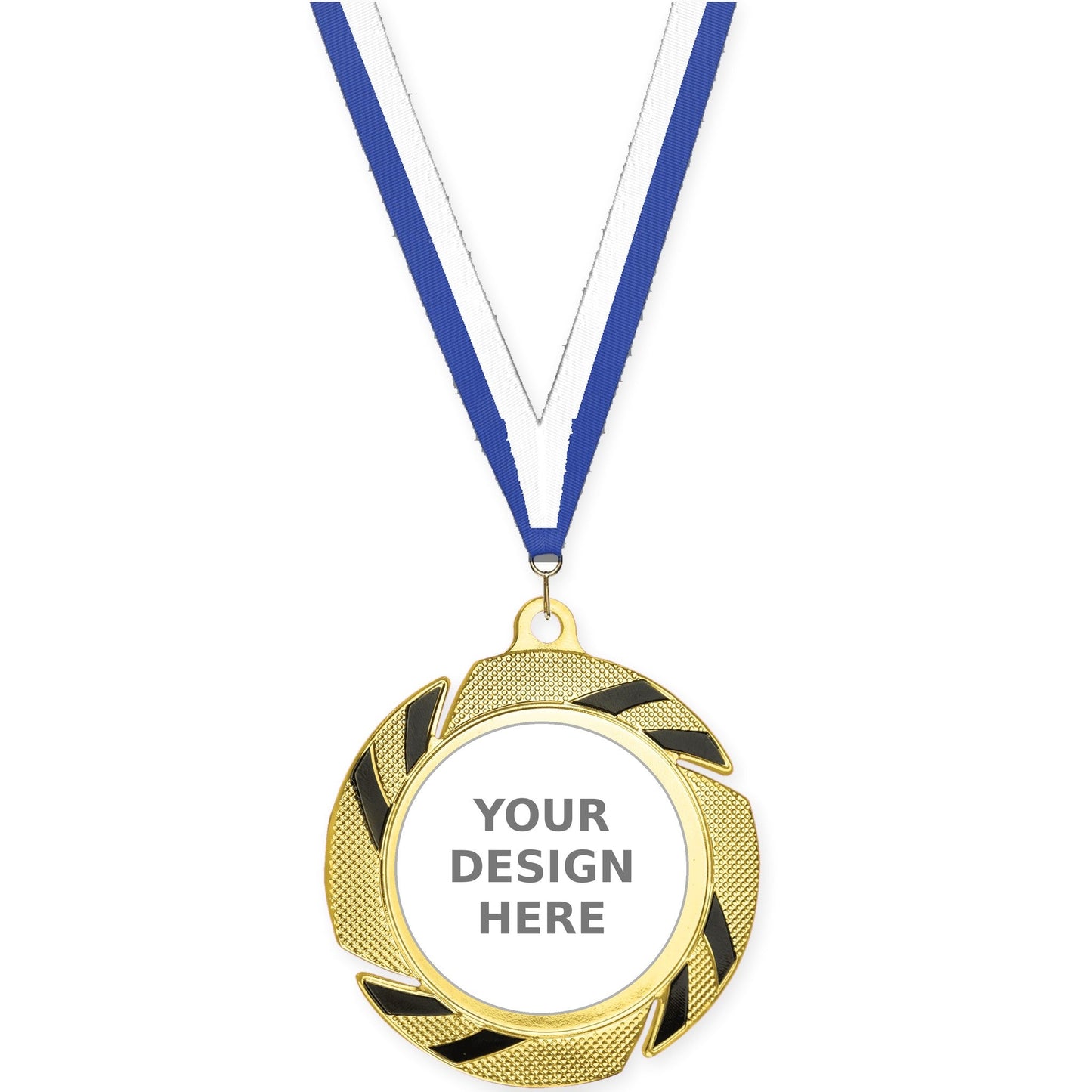 2 3/4 inch Two-Tone Swoosh insert medal in gold/black with Blue White neck ribbon