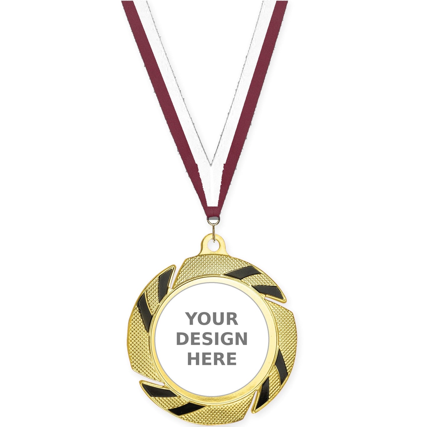 2 3/4 inch Two-Tone Swoosh insert medal in gold/black with Maroon White neck ribbon