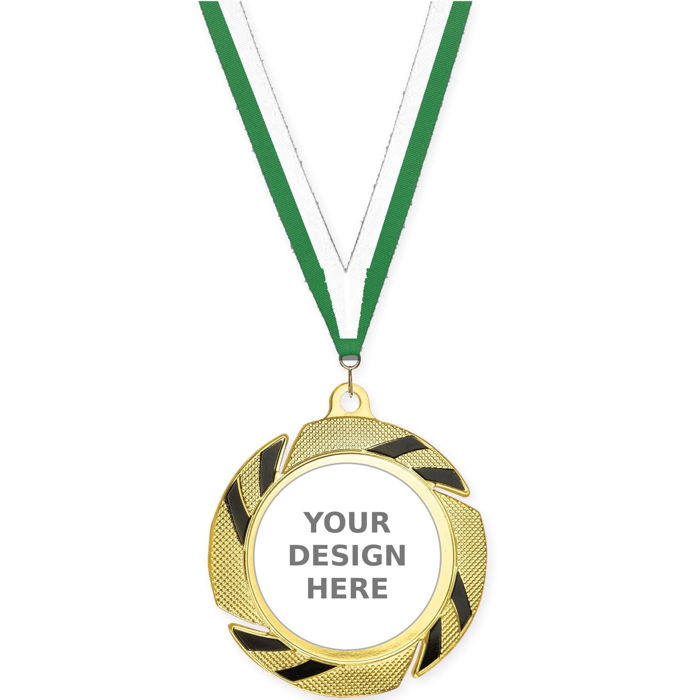 2 3/4 inch Two-Tone Swoosh insert medal in gold/black with Green White neck ribbon