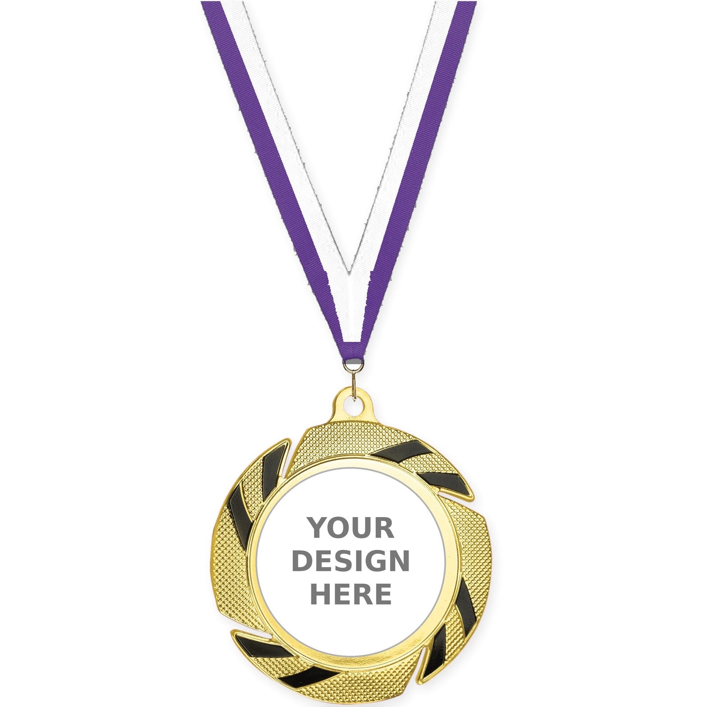2 3/4 inch Two-Tone Swoosh insert medal in gold/black with Purple White neck ribbon