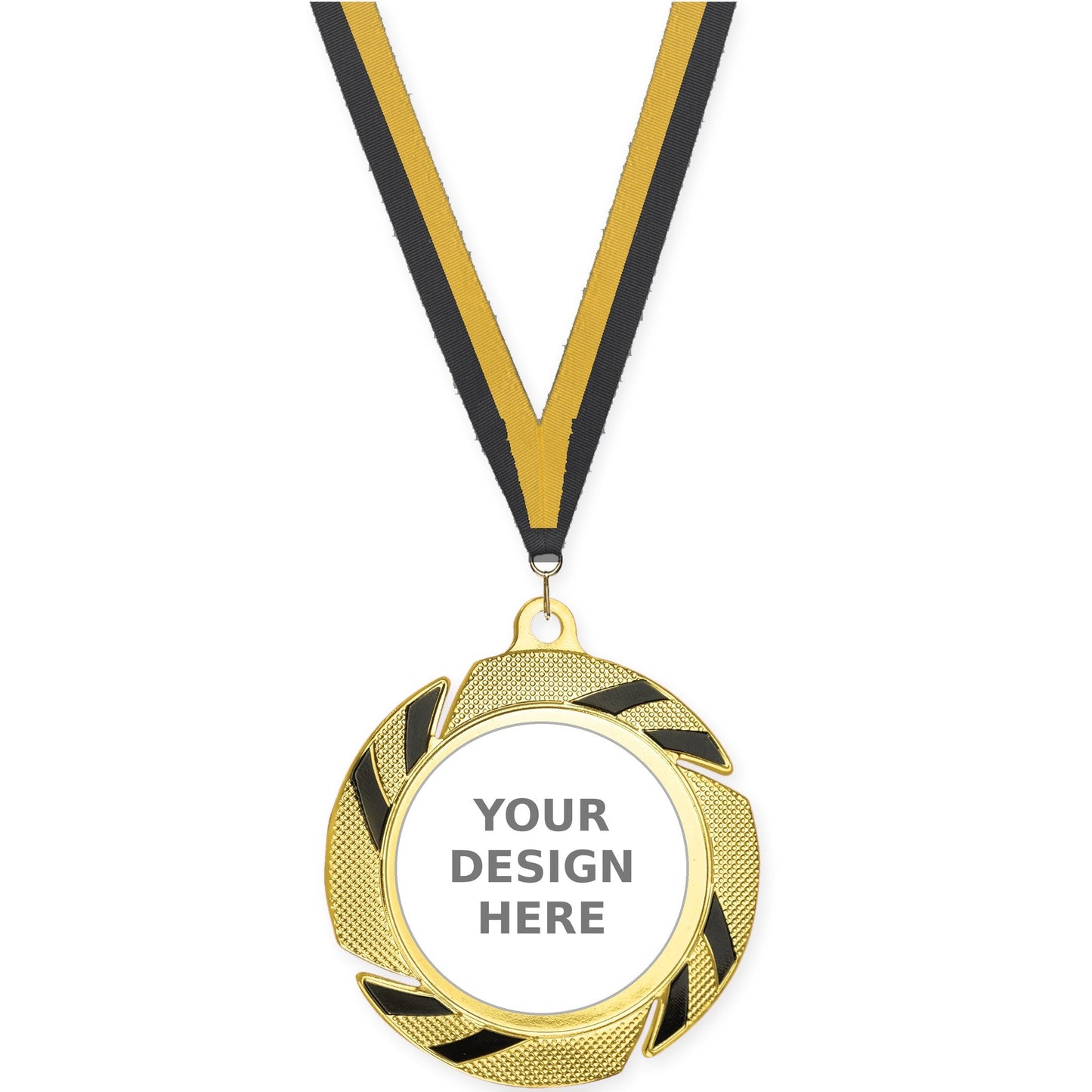 2 3/4 inch Two-Tone Swoosh insert medal in gold/black with Black Gold neck ribbon
