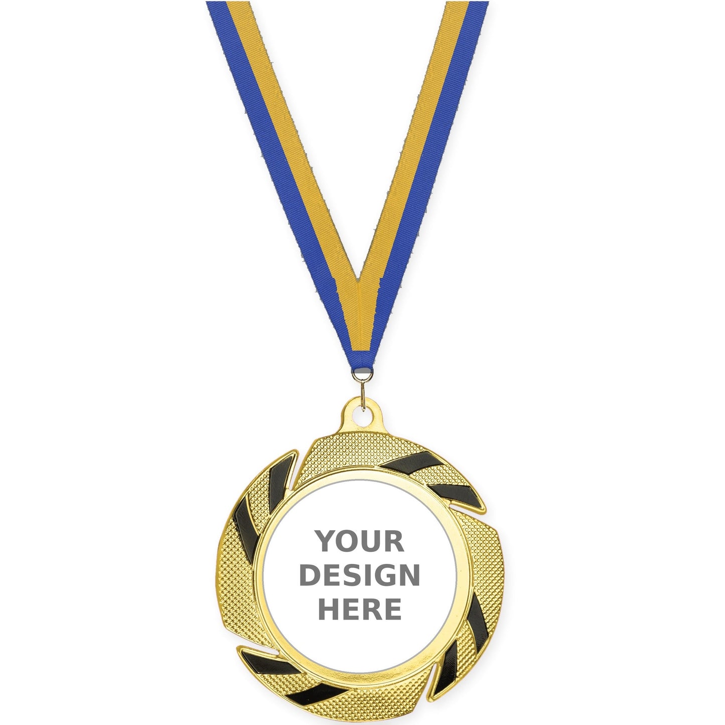 2 3/4 inch Two-Tone Swoosh insert medal in gold/black with Blue Gold neck ribbon