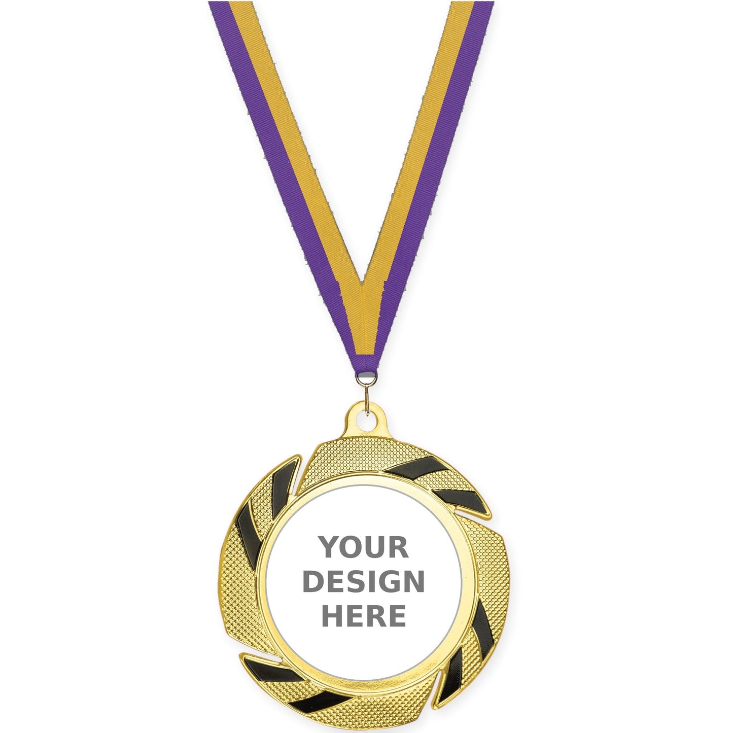 2 3/4 inch Two-Tone Swoosh insert medal in gold/black with Purple Gold neck ribbon
