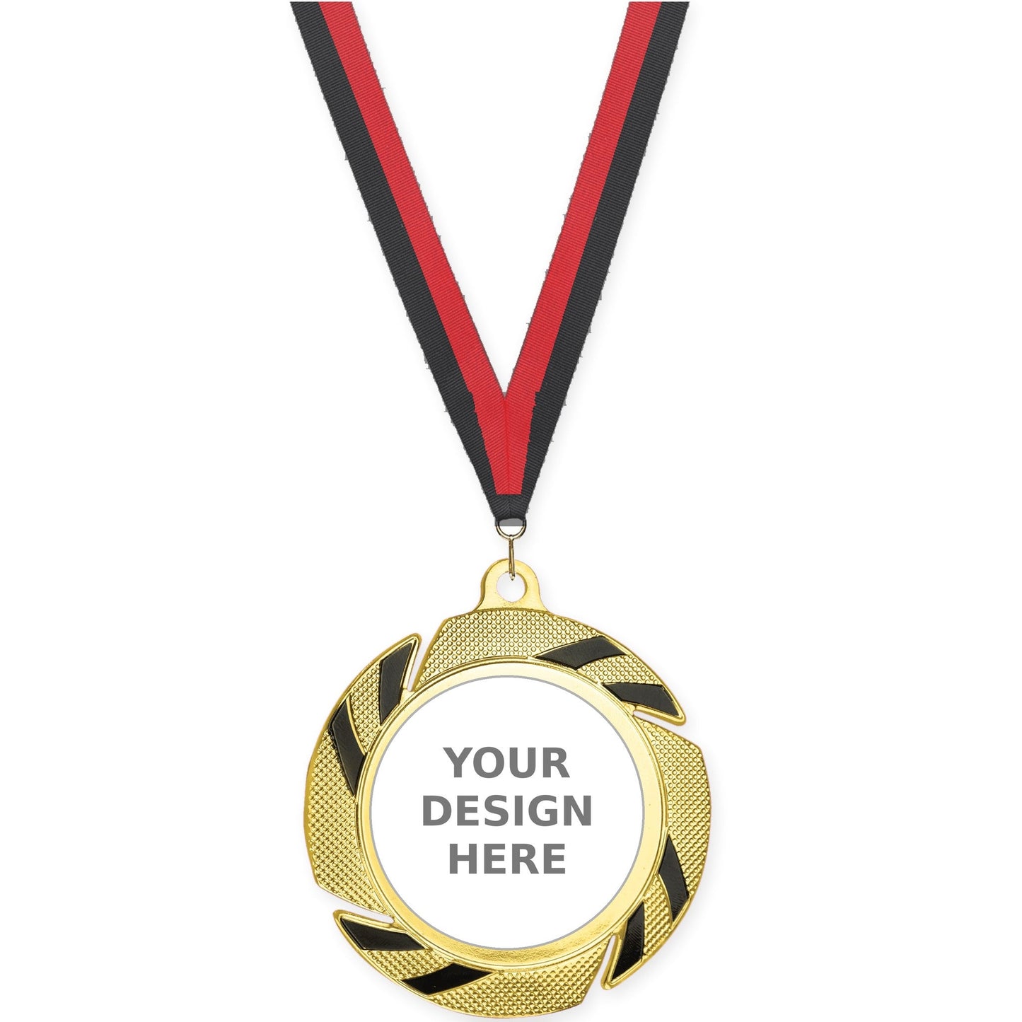 2 3/4 inch Two-Tone Swoosh insert medal in gold/black with Black Red neck ribbon