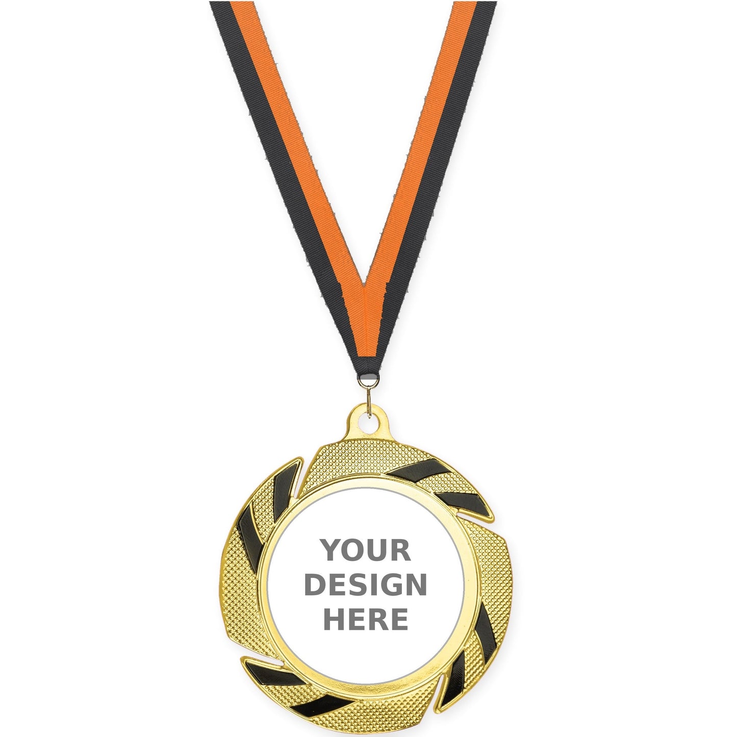 2 3/4 inch Two-Tone Swoosh insert medal in gold/black with Black Orange neck ribbon