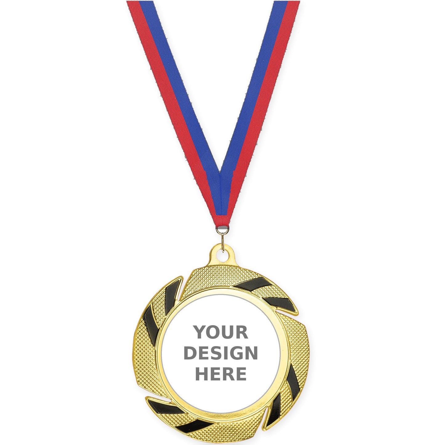 2 3/4 inch Two-Tone Swoosh insert medal in gold/black with Blue Red neck ribbon