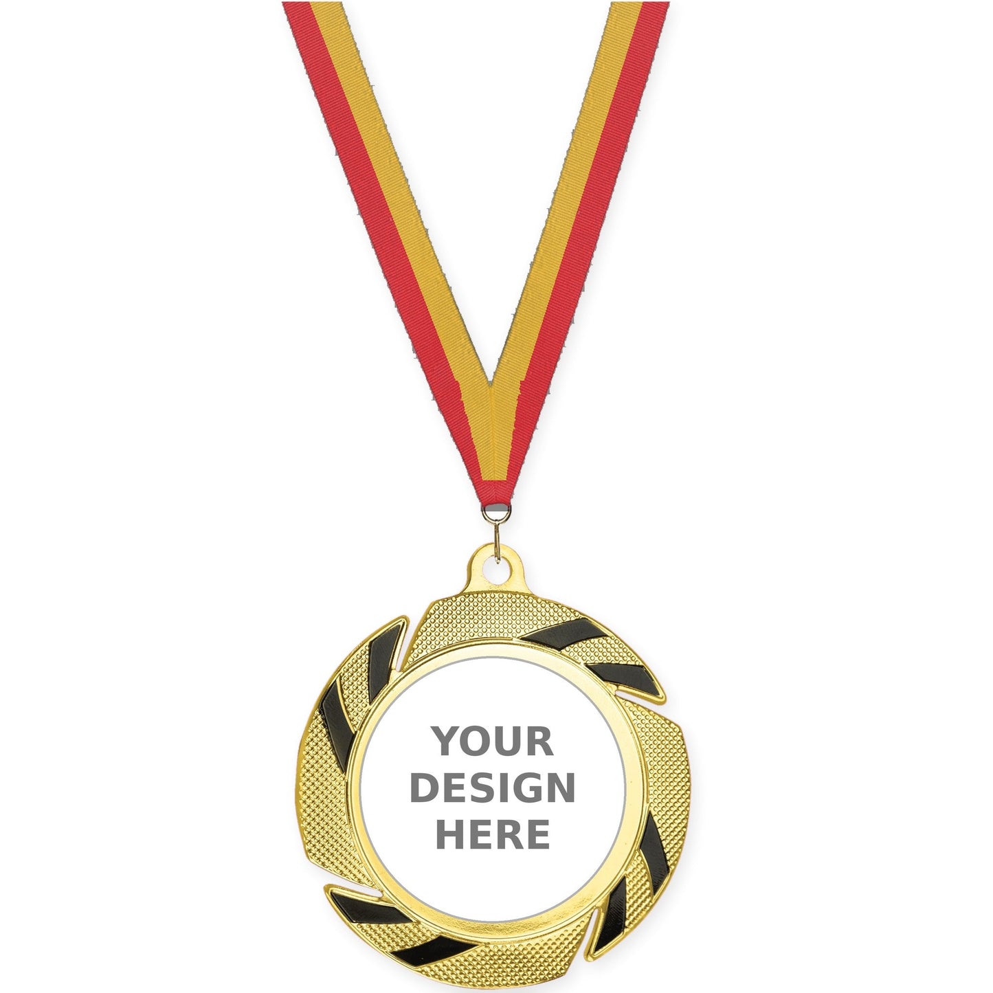 2 3/4 inch Two-Tone Swoosh insert medal in gold/black with Red Gold neck ribbon