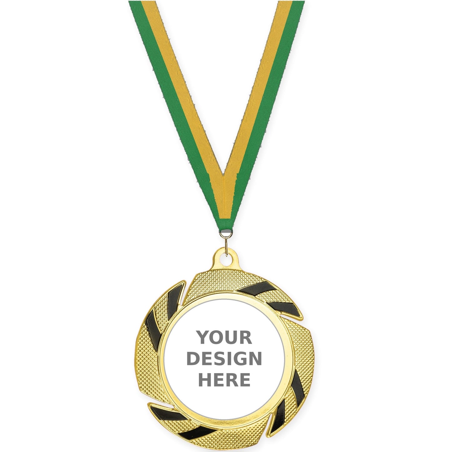 2 3/4 inch Two-Tone Swoosh insert medal in gold/black with Green Gold neck ribbon