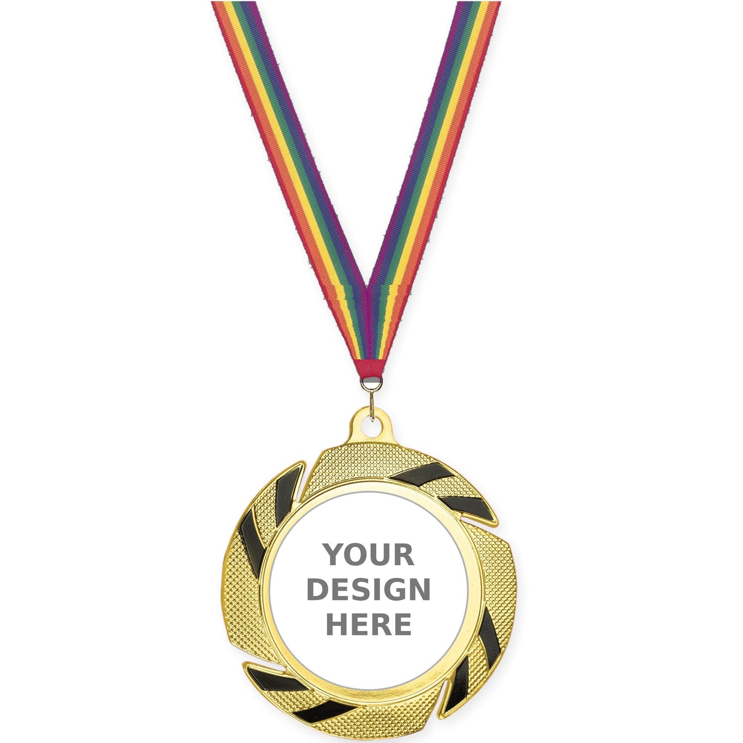 2 3/4 inch Two-Tone Swoosh insert medal in gold/black with Rainbow neck ribbon