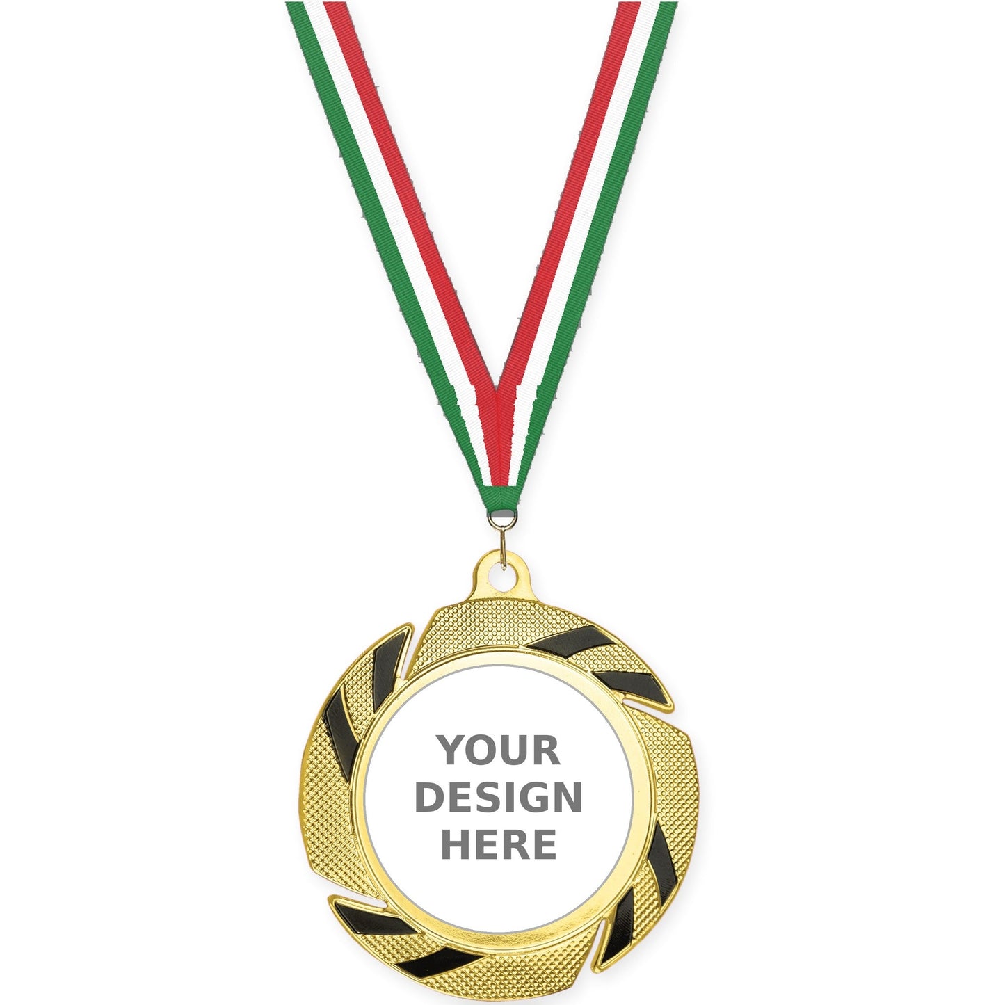 2 3/4 inch Two-Tone Swoosh insert medal in gold/black with Green White Red neck ribbon