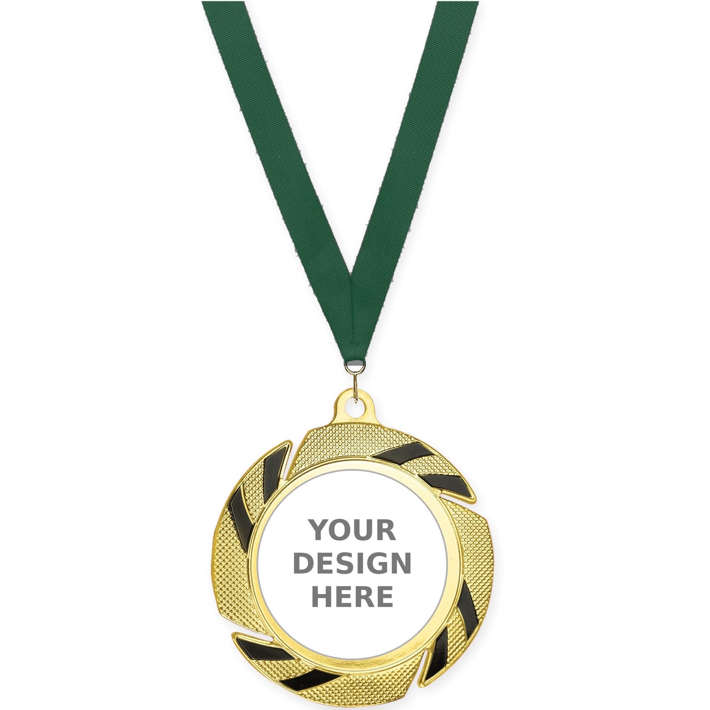 2 3/4 inch Two-Tone Swoosh insert medal in gold/black with Hunter Green neck ribbon