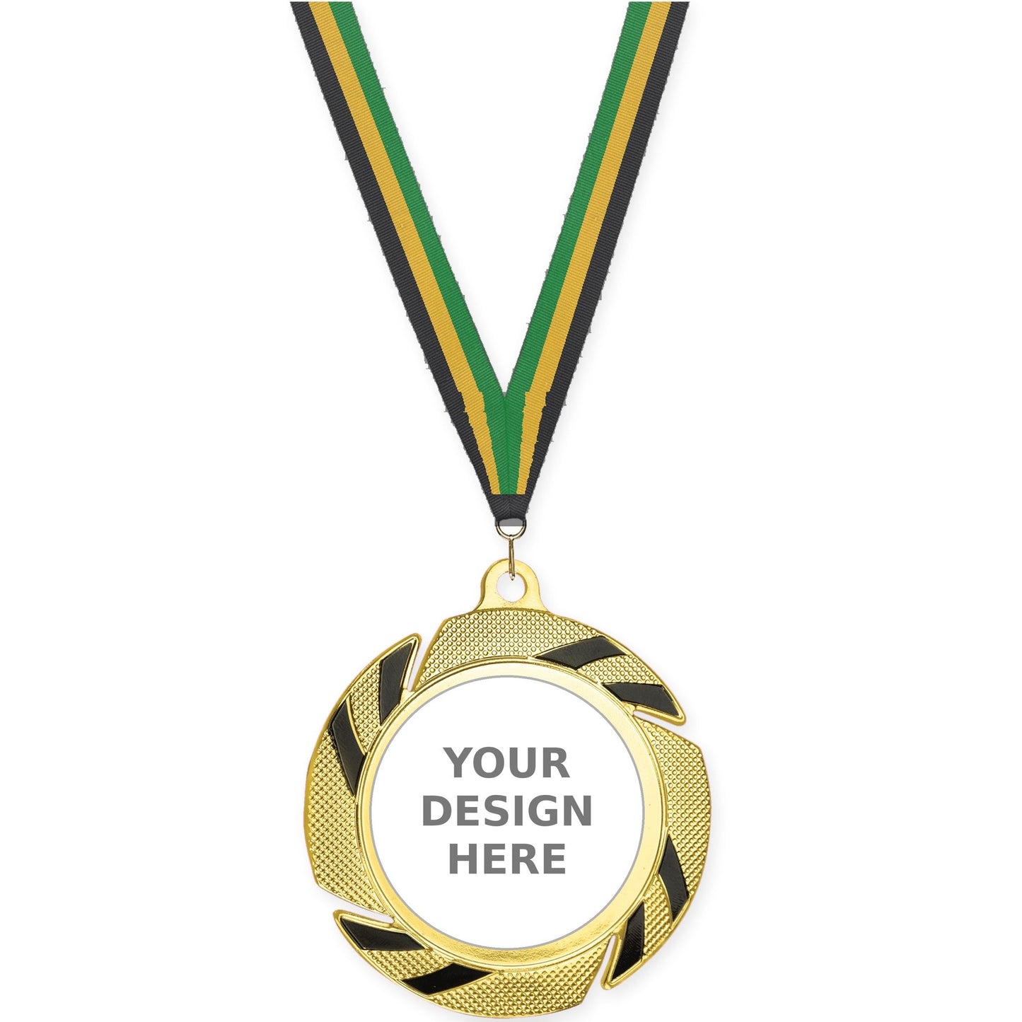2 3/4 inch Two-Tone Swoosh insert medal in gold/black with Black Gold Green neck ribbon