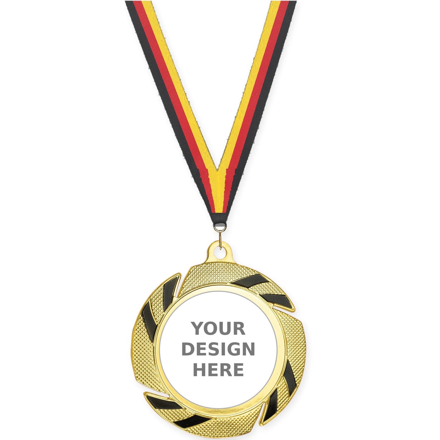 2 3/4 inch Two-Tone Swoosh insert medal in gold/black with Black Red Yellow neck ribbon