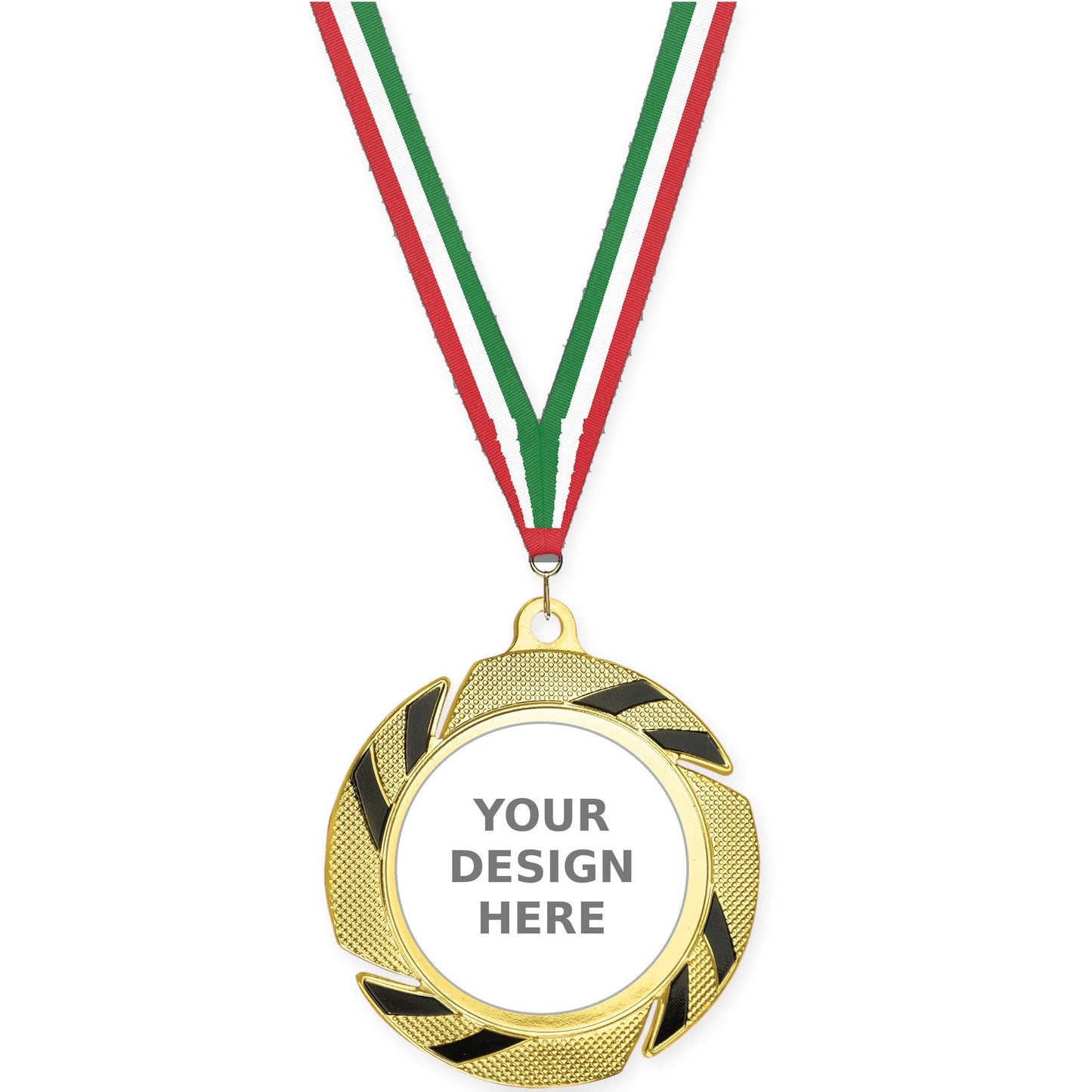 2 3/4 inch Two-Tone Swoosh insert medal in gold/black with Red White Green neck ribbon