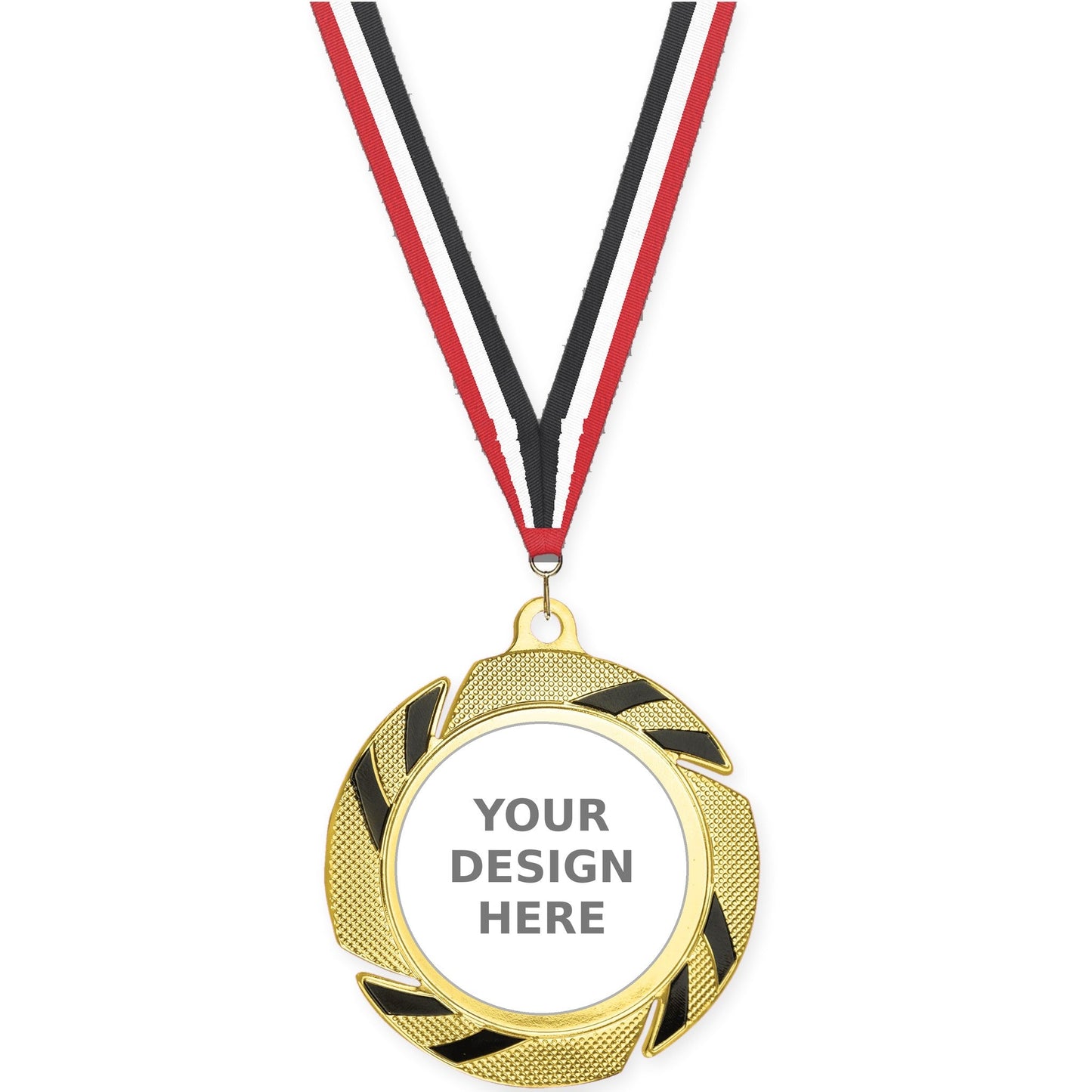 2 3/4 inch Two-Tone Swoosh insert medal in gold/black with Red White Black neck ribbon
