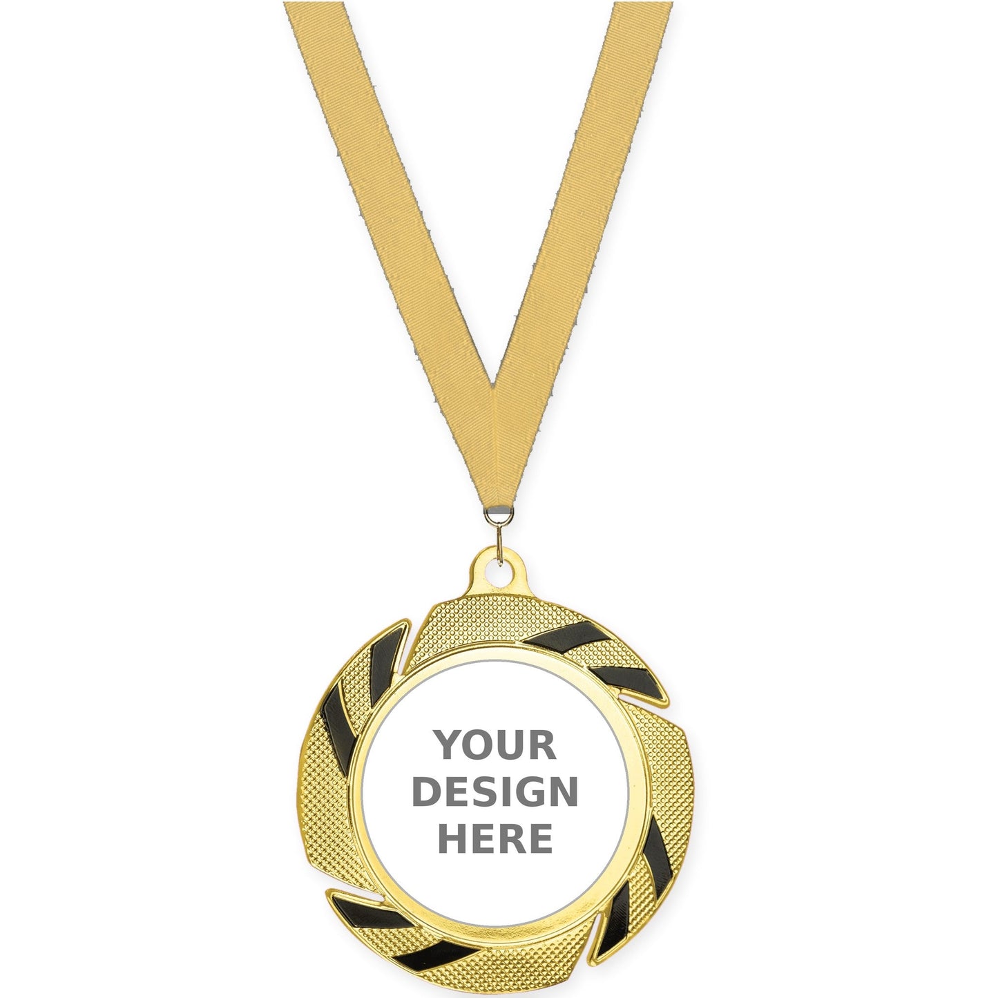 2 3/4 inch Two-Tone Swoosh insert medal in gold/black with Gold Metallic neck ribbon