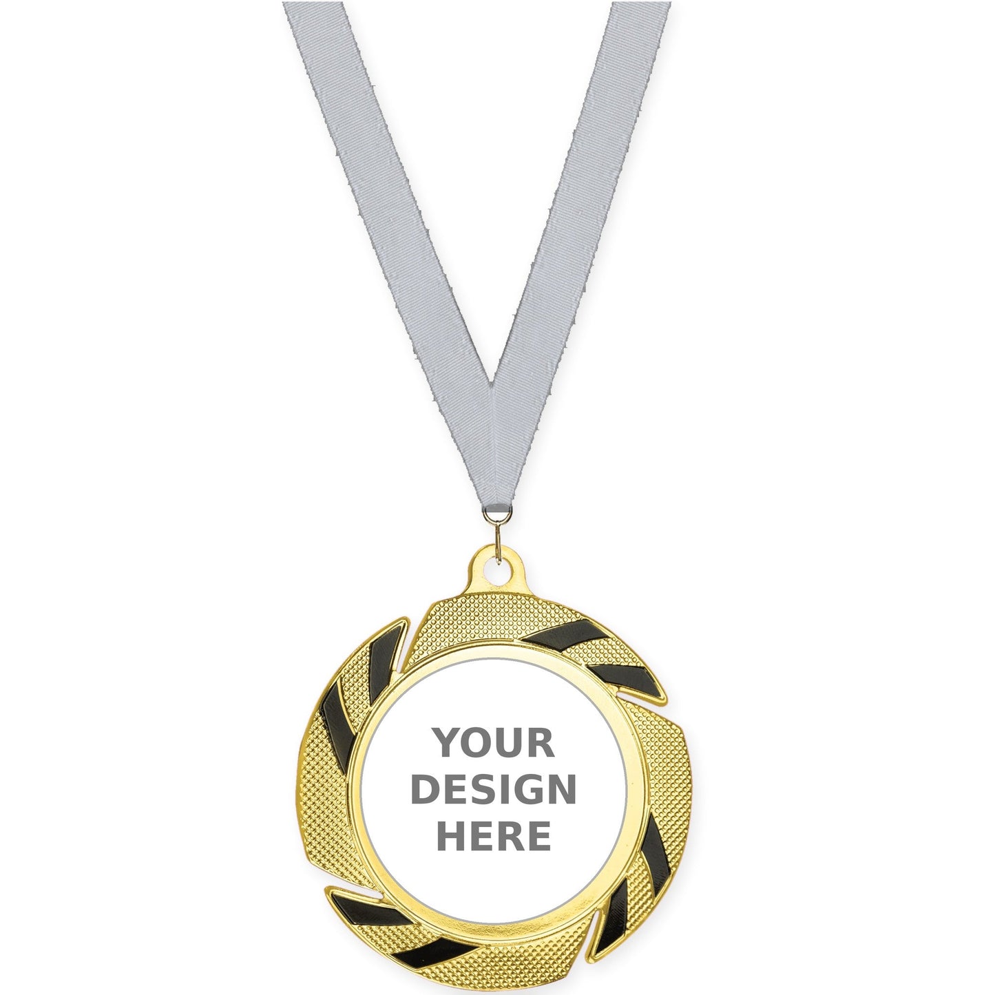 2 3/4 inch Two-Tone Swoosh insert medal in gold/black with Silver Metallic neck ribbon