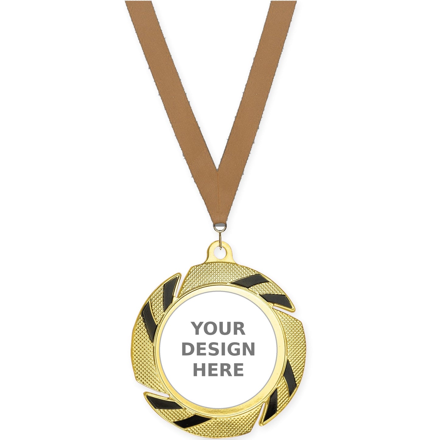 2 3/4 inch Two-Tone Swoosh insert medal in gold/black with Bronze Metallic neck ribbon