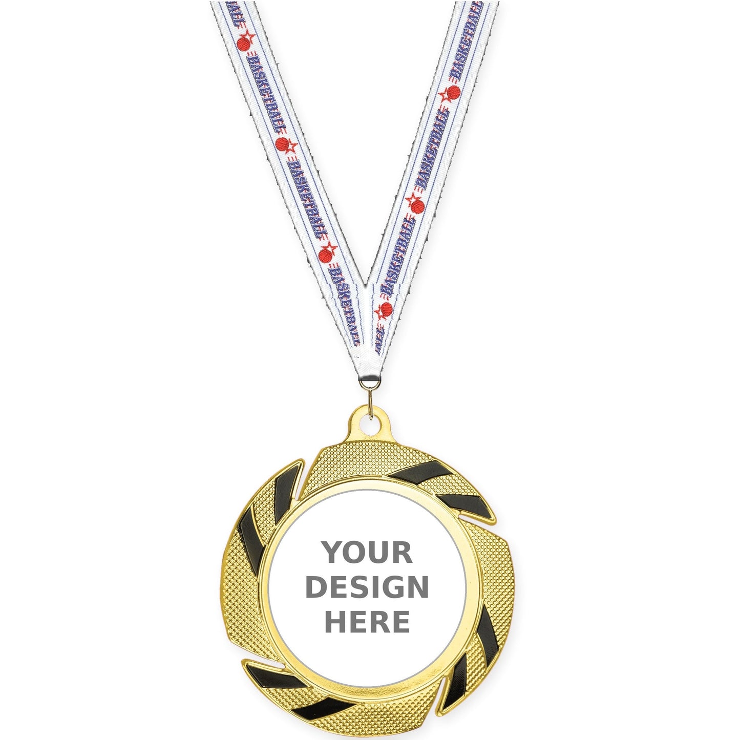 2 3/4 inch Two-Tone Swoosh insert medal in gold/black with Basketball neck ribbon