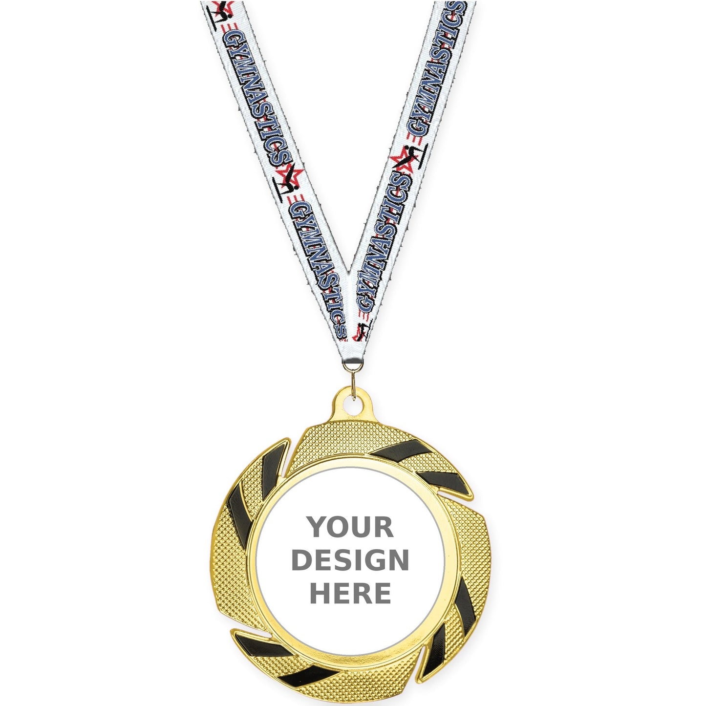 2 3/4 inch Two-Tone Swoosh insert medal in gold/black with Gymnastics neck ribbon