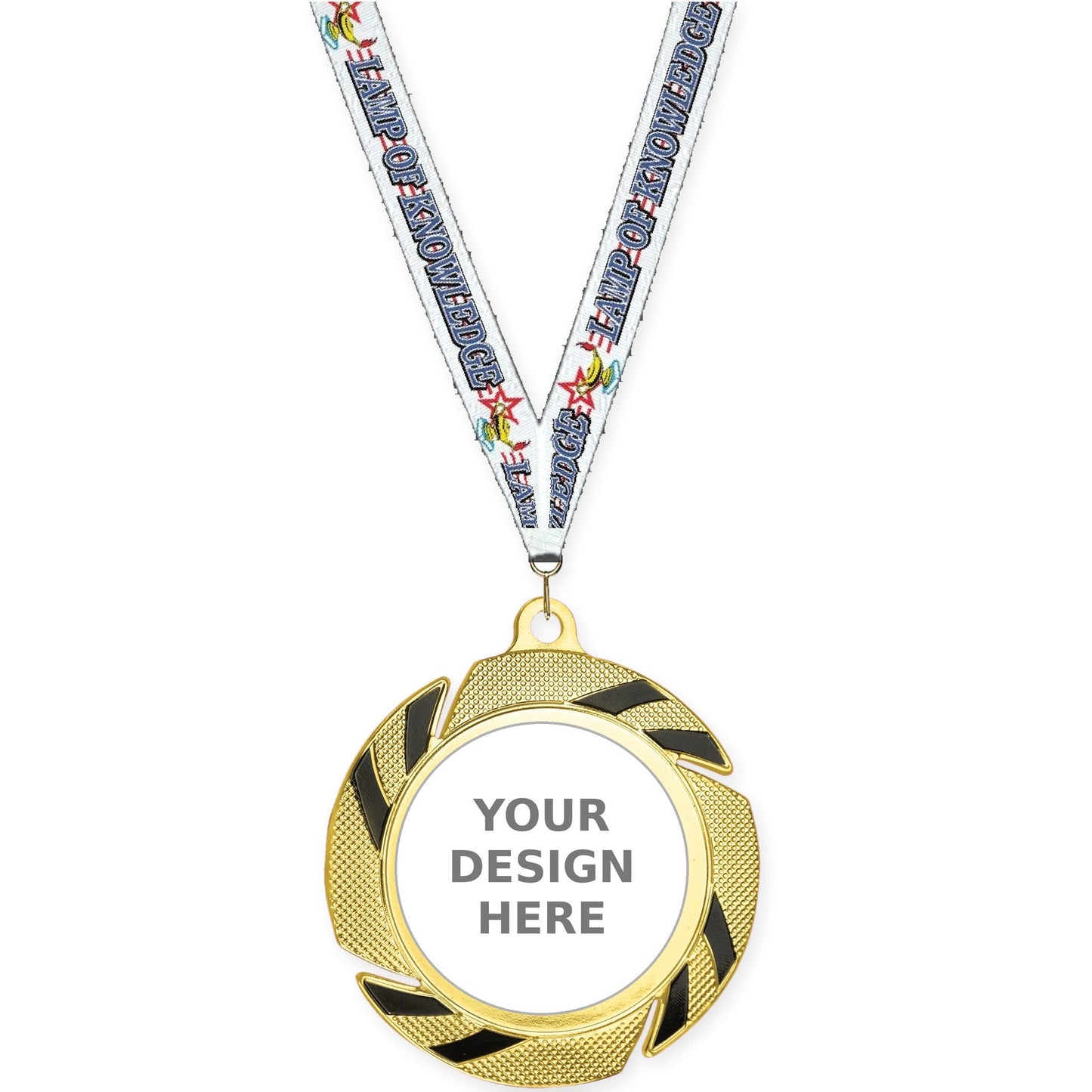 2 3/4 inch Two-Tone Swoosh insert medal in gold/black with Lamp Of Knowledge neck ribbon