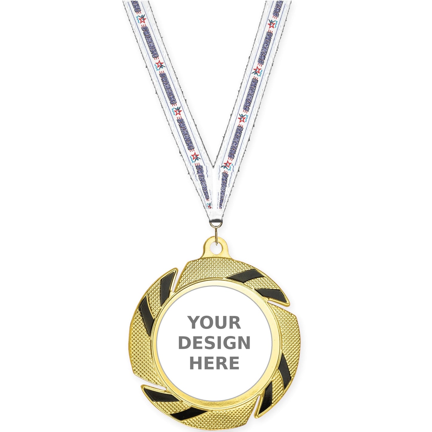 2 3/4 inch Two-Tone Swoosh insert medal in gold/black with Swimming neck ribbon
