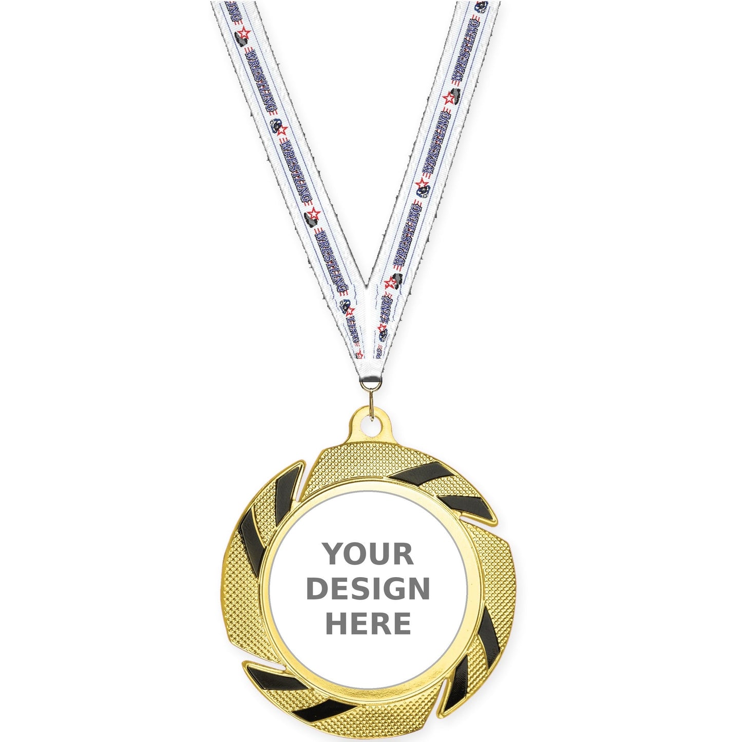 2 3/4 inch Two-Tone Swoosh insert medal in gold/black with Wrestling neck ribbon