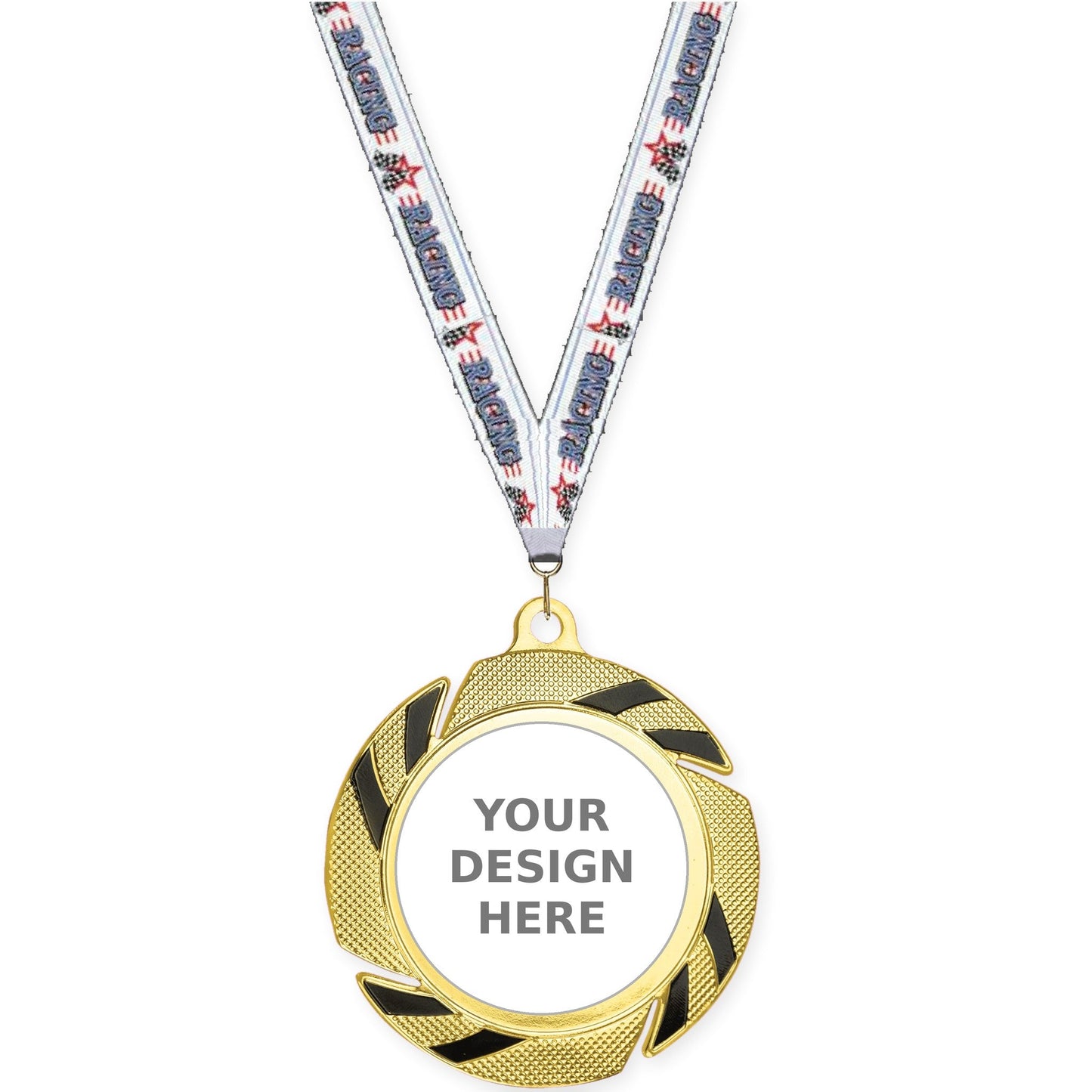 2 3/4 inch Two-Tone Swoosh insert medal in gold/black with Auto Racing neck ribbon