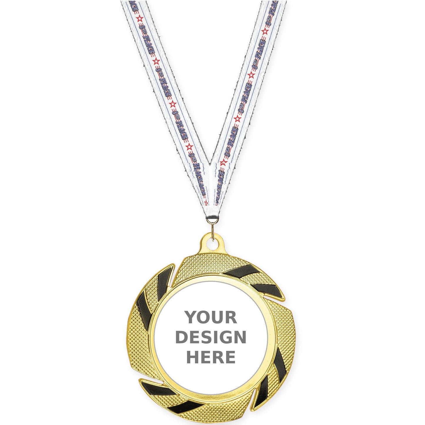 2 3/4 inch Two-Tone Swoosh insert medal in gold/black with 3rd Place neck ribbon