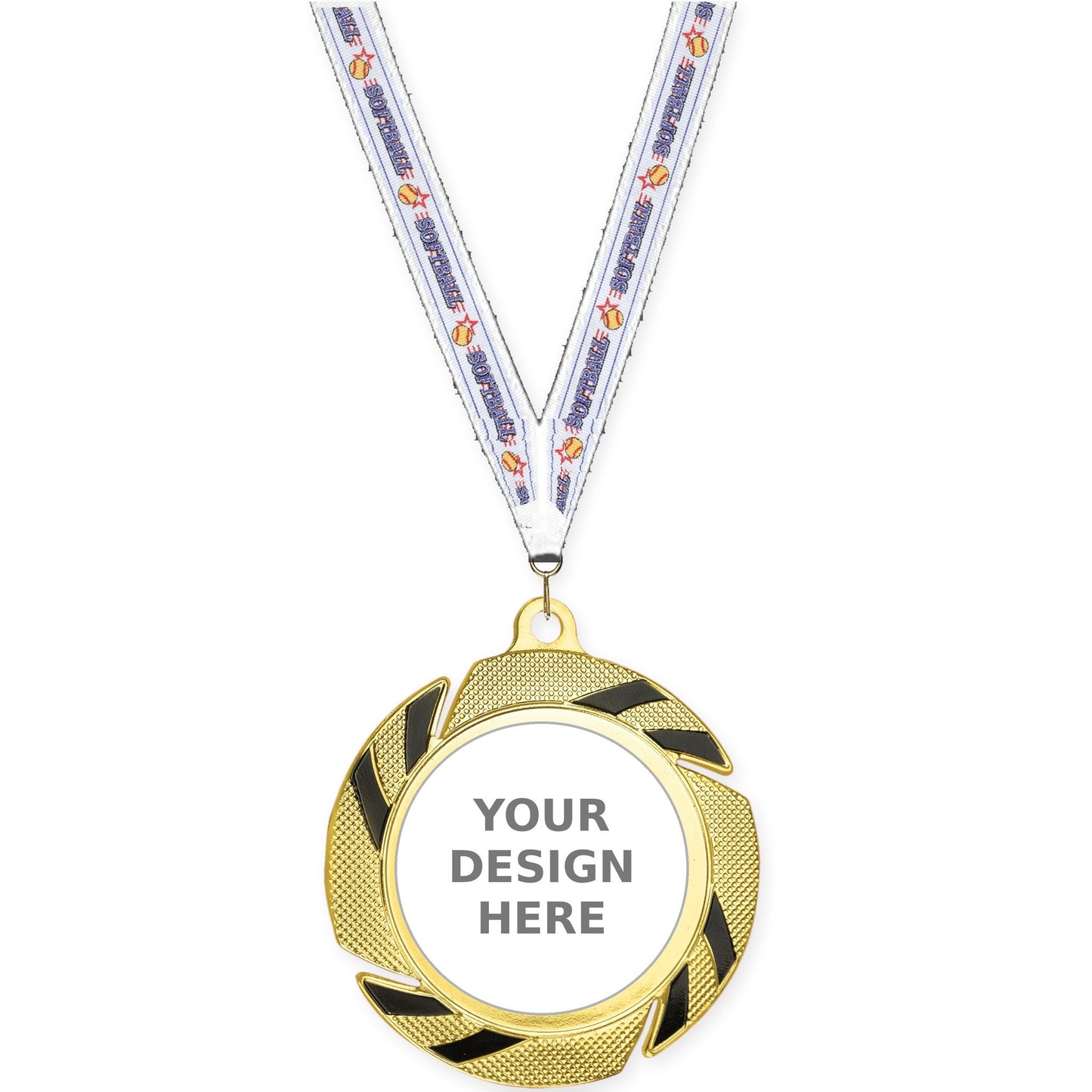2 3/4 inch Two-Tone Swoosh insert medal in gold/black with Softball neck ribbon