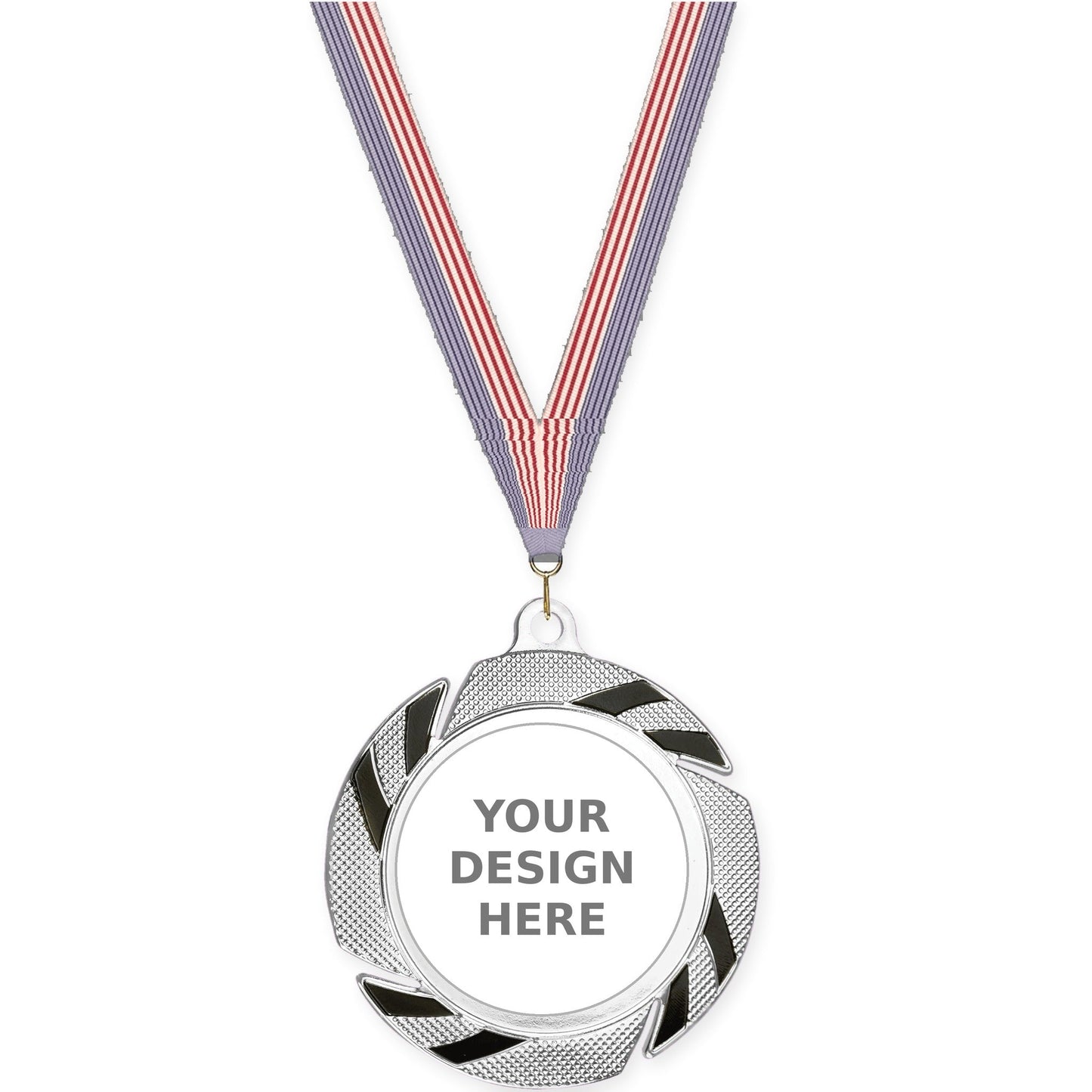 2 3/4 inch Two-Tone Swoosh insert medal in silver/black with USA Flag neck ribbon