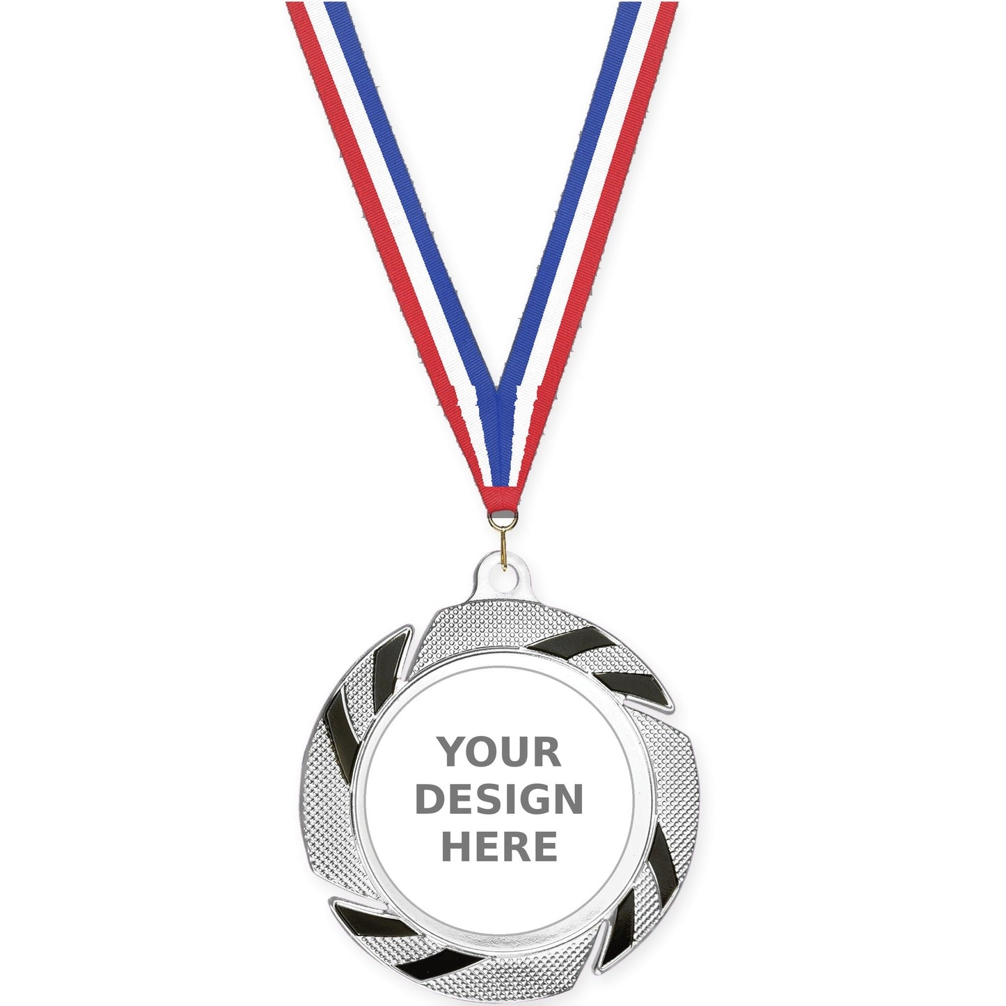 2 3/4 inch Two-Tone Swoosh insert medal in silver/black with Red White Blue neck ribbon