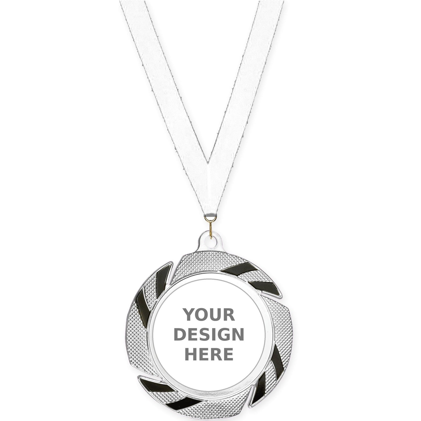 2 3/4 inch Two-Tone Swoosh insert medal in silver/black with White neck ribbon