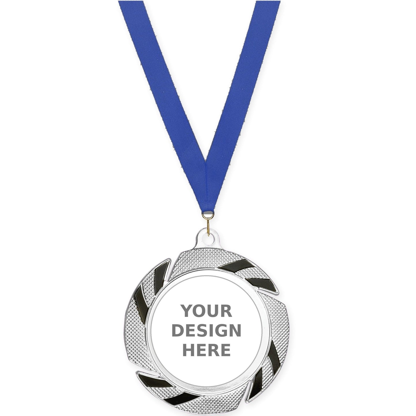 2 3/4 inch Two-Tone Swoosh insert medal in silver/black with Blue neck ribbon