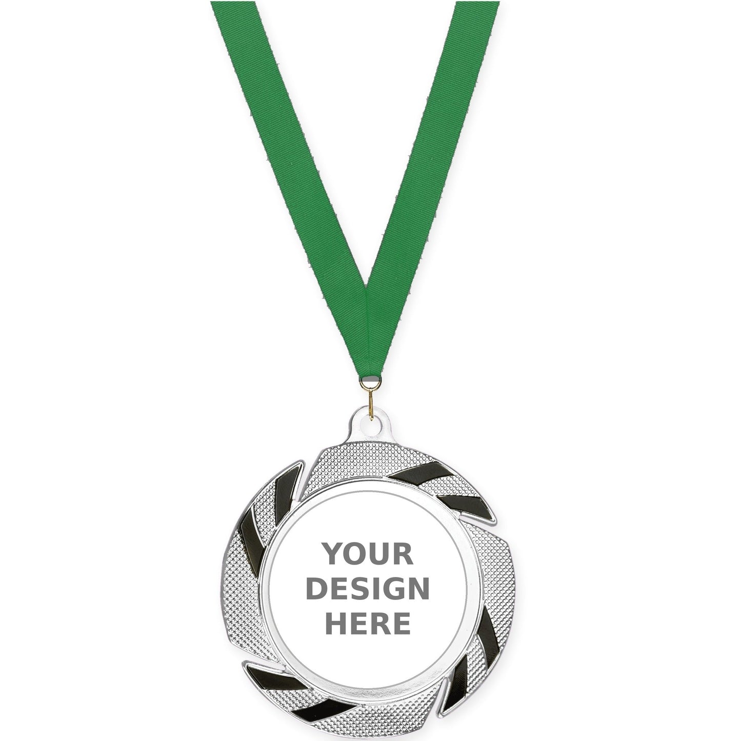 2 3/4 inch Two-Tone Swoosh insert medal in silver/black with Green neck ribbon