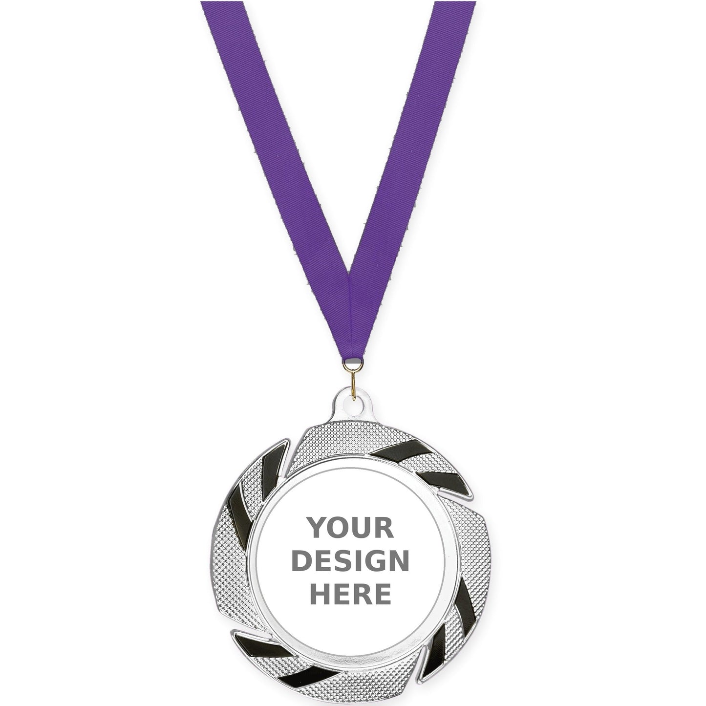 2 3/4 inch Two-Tone Swoosh insert medal in silver/black with Purple neck ribbon