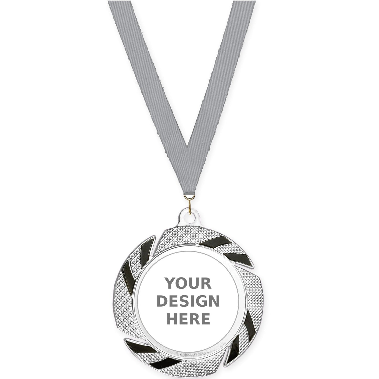2 3/4 inch Two-Tone Swoosh insert medal in silver/black with Gray neck ribbon