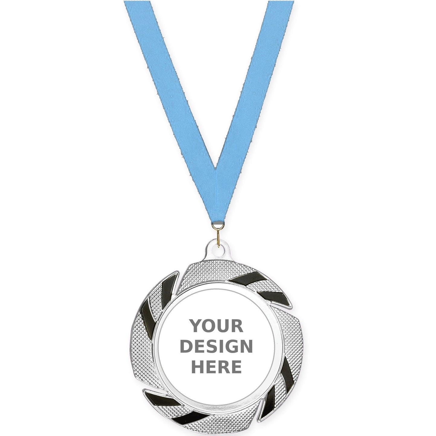 2 3/4 inch Two-Tone Swoosh insert medal in silver/black with Light Blue neck ribbon