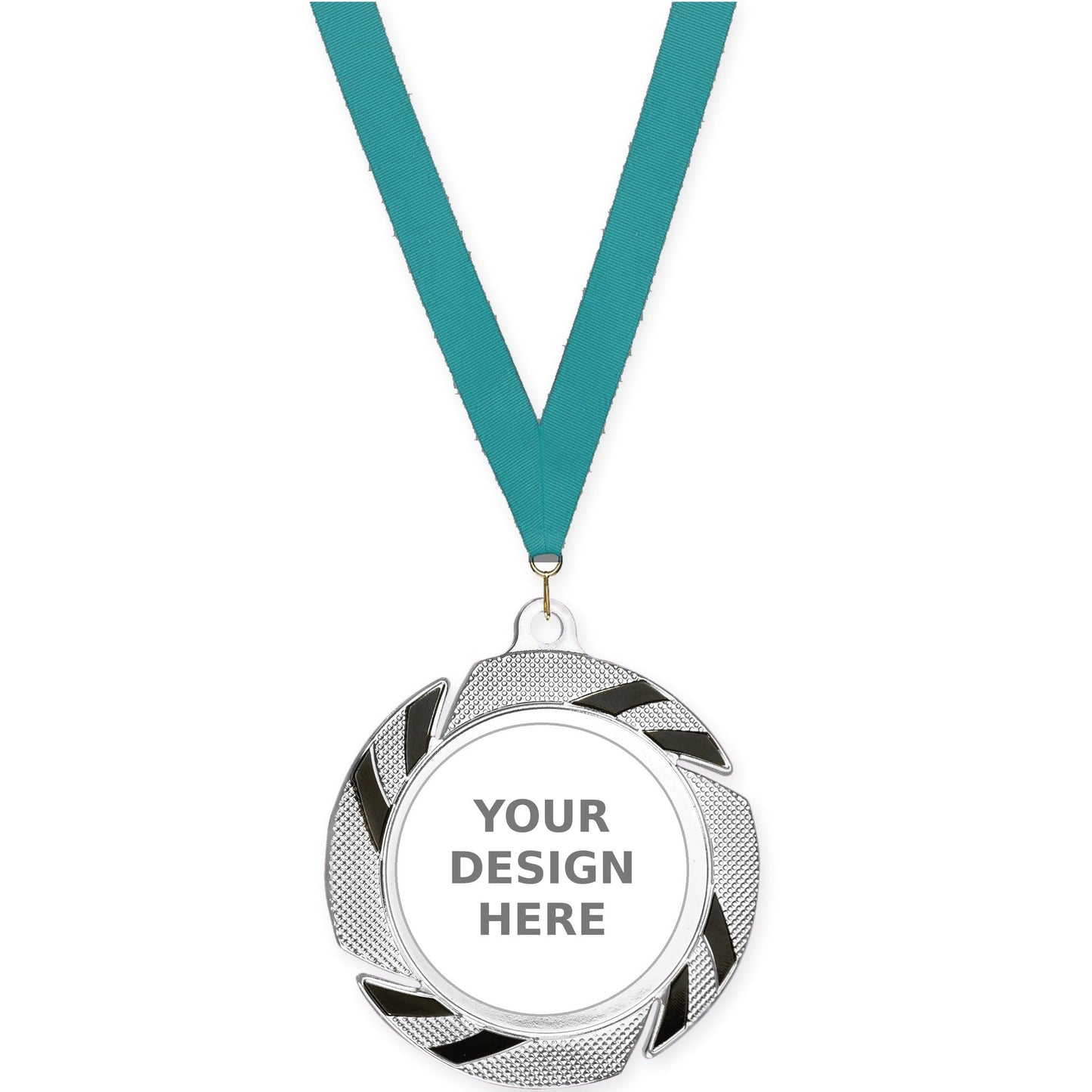 2 3/4 inch Two-Tone Swoosh insert medal in silver/black with Teal neck ribbon