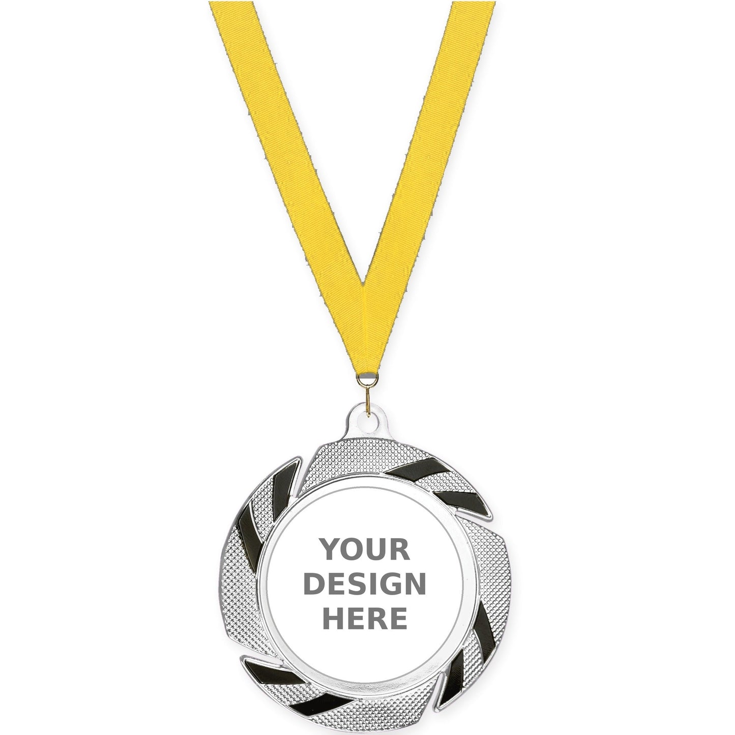 2 3/4 inch Two-Tone Swoosh insert medal in silver/black with Yellow neck ribbon