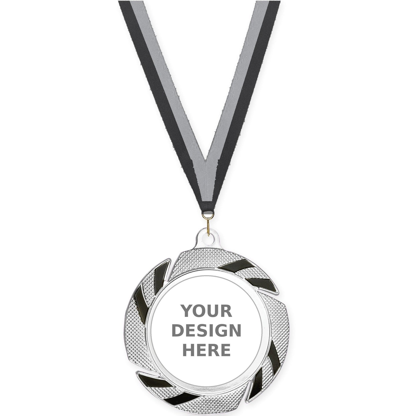 2 3/4 inch Two-Tone Swoosh insert medal in silver/black with Black Gray neck ribbon