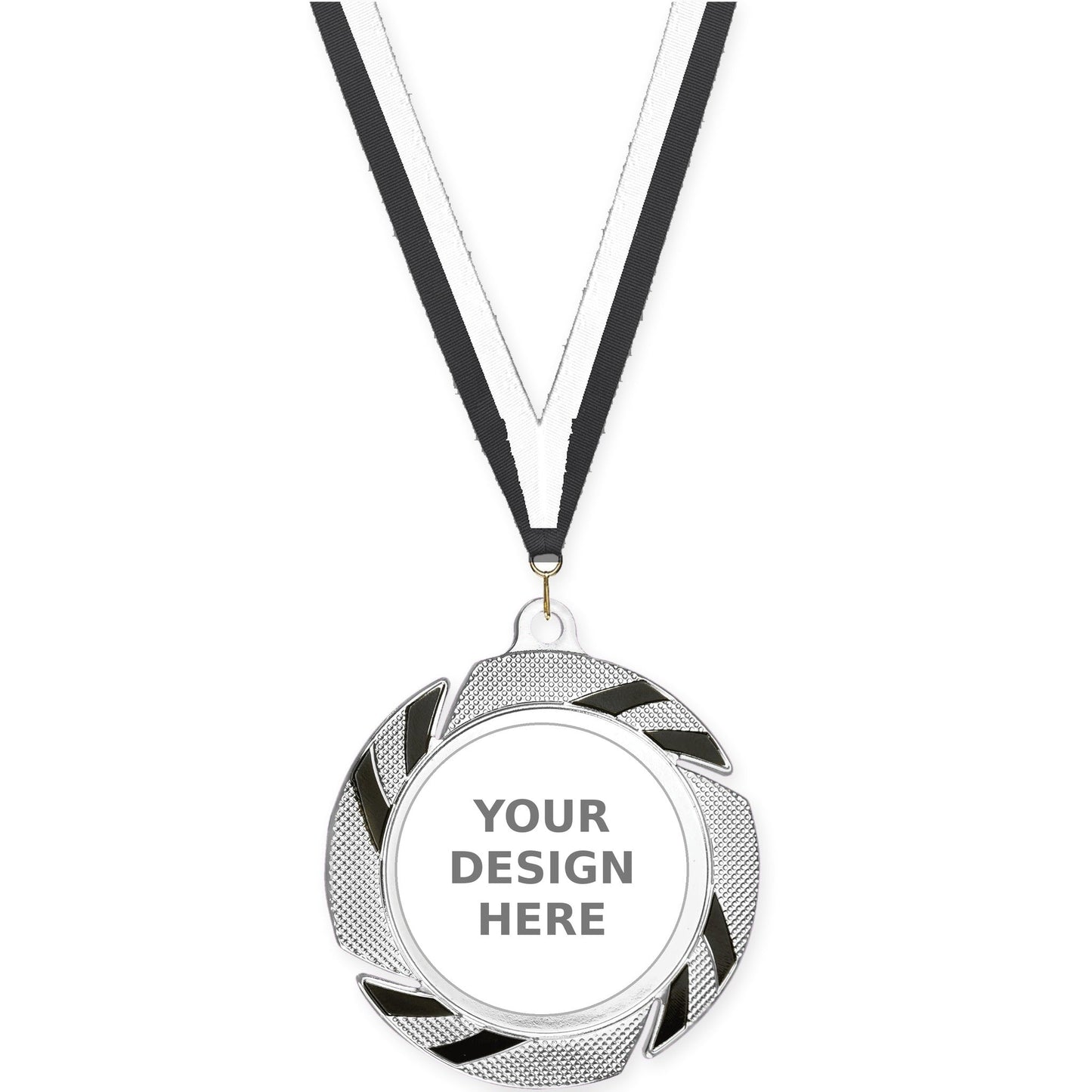 2 3/4 inch Two-Tone Swoosh insert medal in silver/black with Black White neck ribbon
