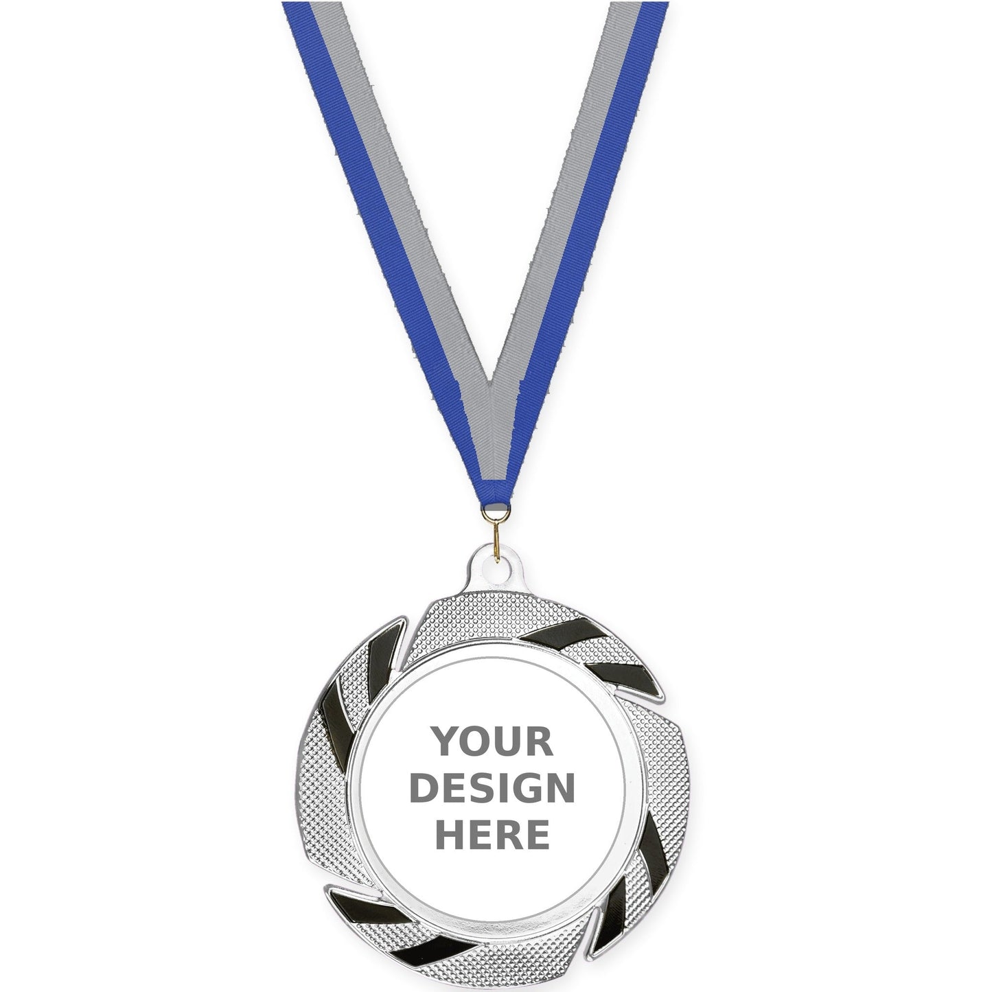2 3/4 inch Two-Tone Swoosh insert medal in silver/black with Blue Gray neck ribbon