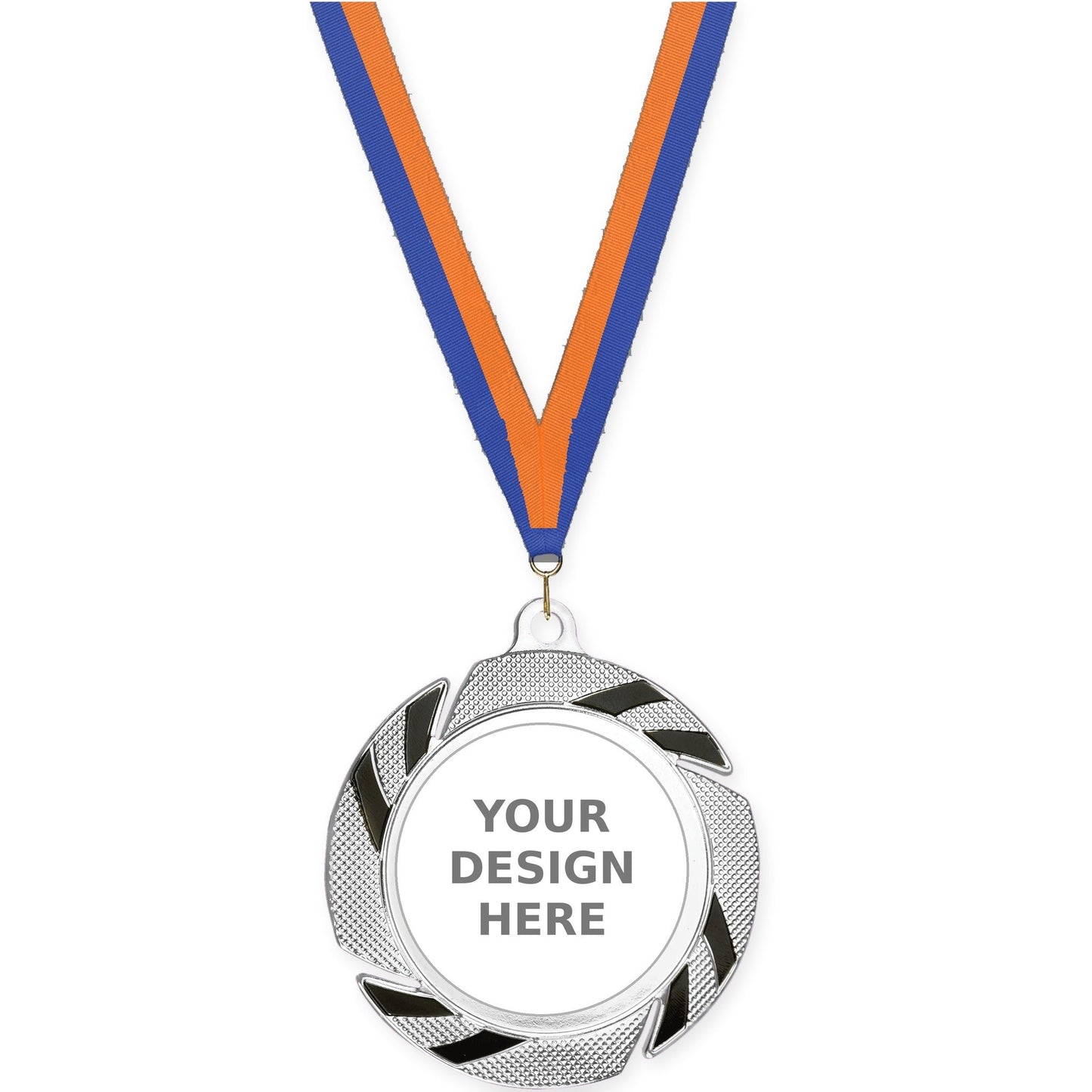 2 3/4 inch Two-Tone Swoosh insert medal in silver/black with Blue Orange neck ribbon