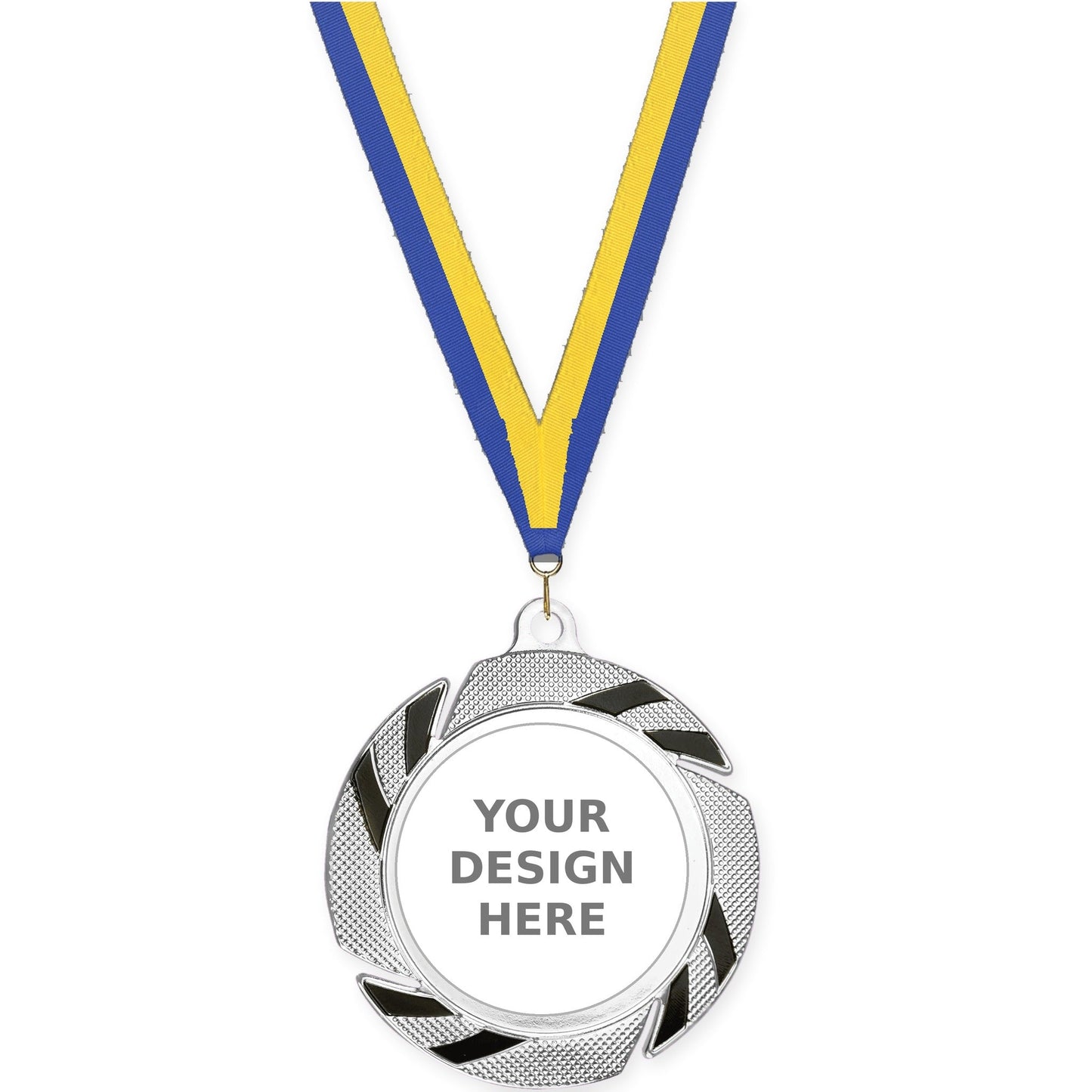 2 3/4 inch Two-Tone Swoosh insert medal in silver/black with Blue Yellow neck ribbon