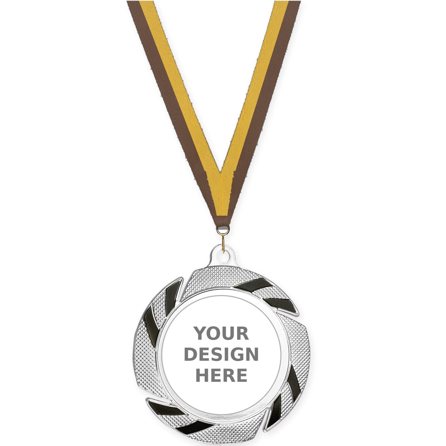 2 3/4 inch Two-Tone Swoosh insert medal in silver/black with Brown Gold neck ribbon